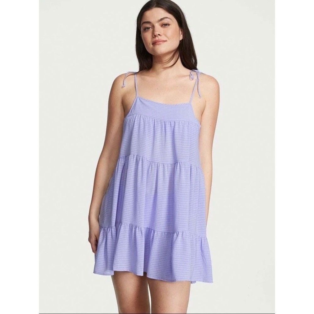 Victoria's Secret Gingham Tiered Babydoll Dress Women M Blue Beach Coquette Chic